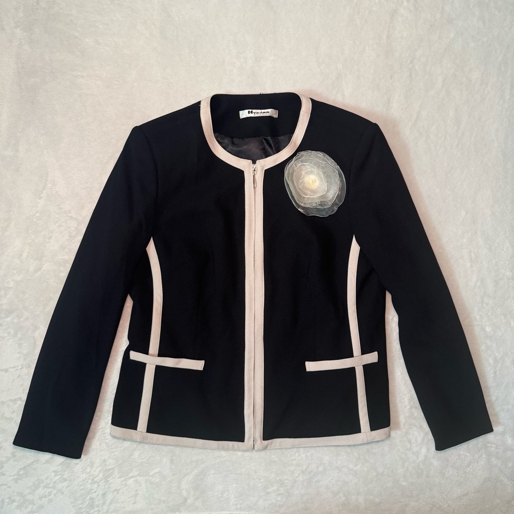 Vintage 90s Black and Cream Blazer with Flower Accent